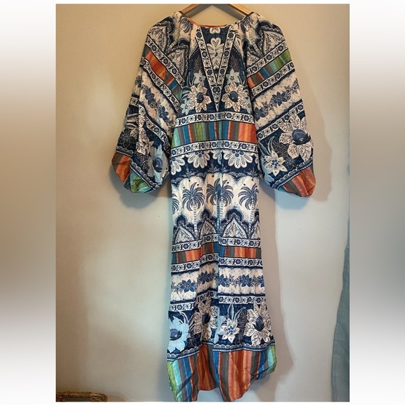 FARM RIO BLUE PALMS BALLOON SLEEVE DRESS SIZE MEDIUM NEW with TAGS - Picture 3 of 16